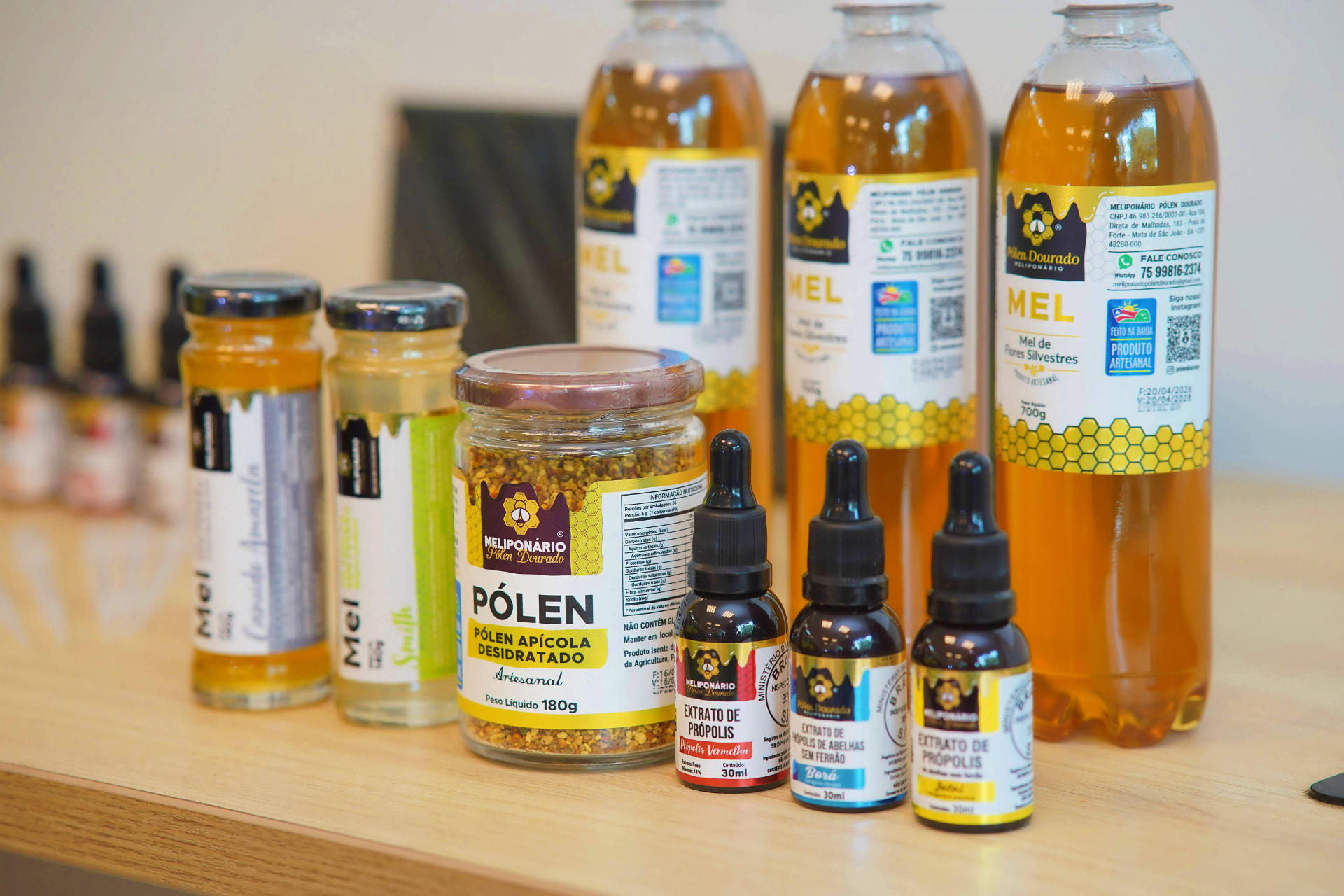Meliprodutos: mel, pólen desidratado e extratos de própolis do meliponário Pólen Dourado